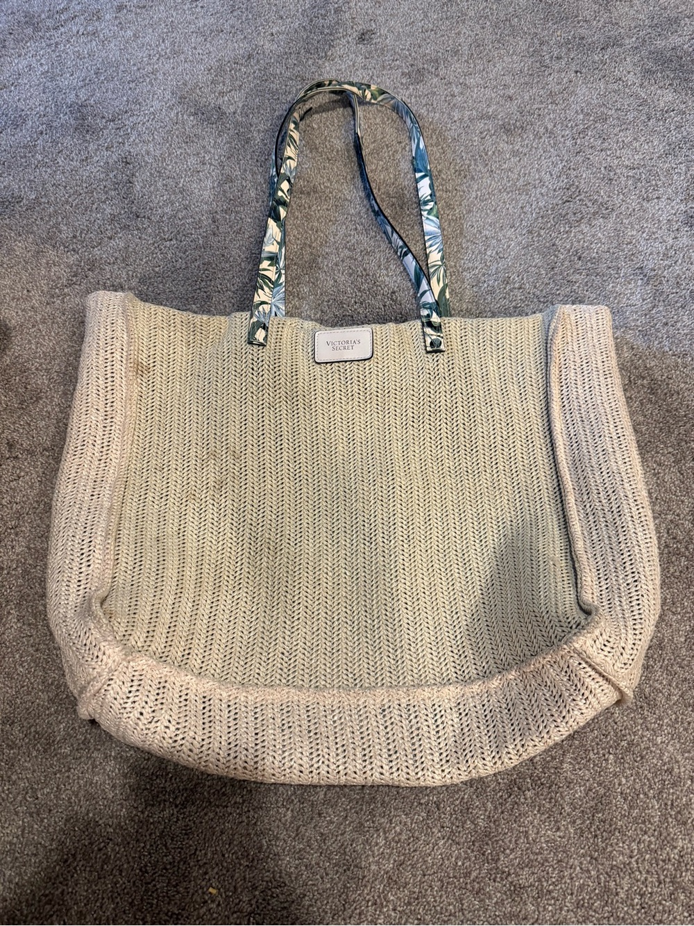 Victoria's Secret Cream Knit Tote with Green Patterned Straps